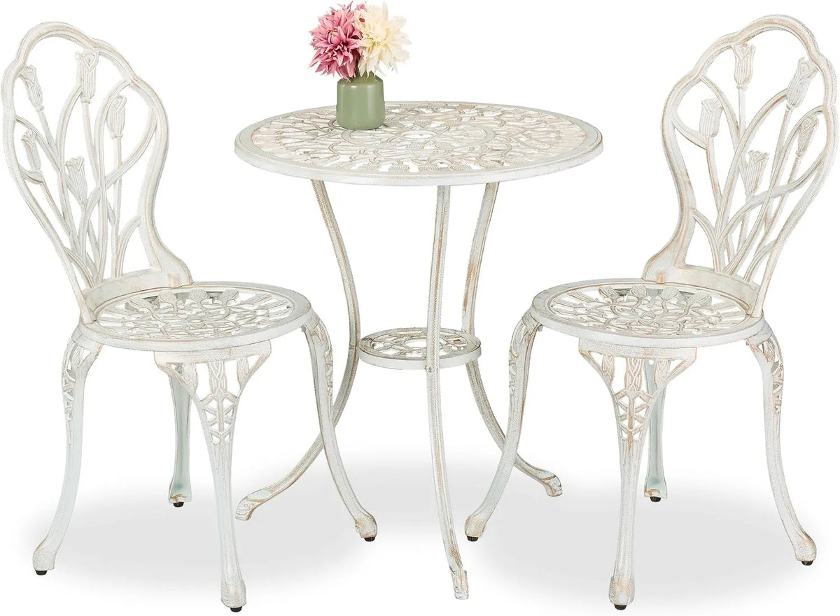 Tisch, & 2 Stühle, Aluguss, Garten Sitzgruppe, Bronze, 3-teilig, Relaxdays Gartenmöbel Set, Balkonmöbel Antik-Design, weiß