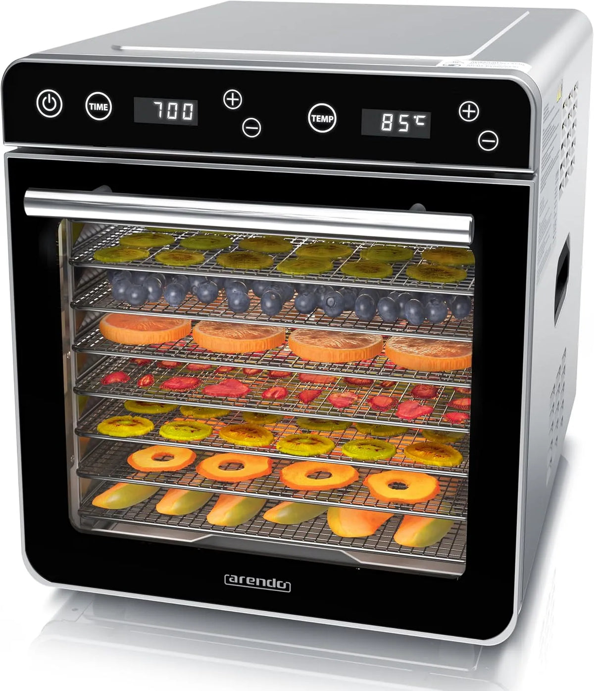 Tablet, 8 Edelstahl Einlegetabletts mit insgesamt 6700 cm², Arendo, Obst Fleisch Pilze uvm, Leistung 700 W, 35°-85°C