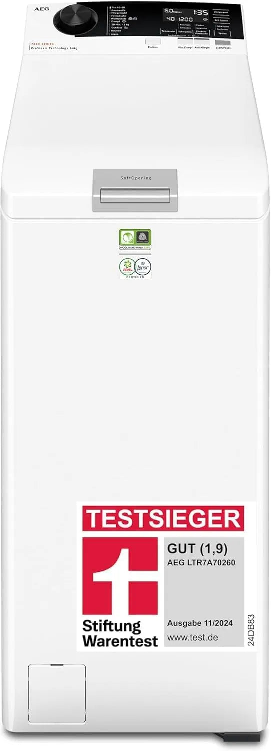 AEG Waschmaschine 7000 1200 LTR7A70260, Gewicht 6 kg, Toplader, Testsieger Stiftung Warentest, Mengenautomatik, Breite 40 cm, Inverter-Motor, min