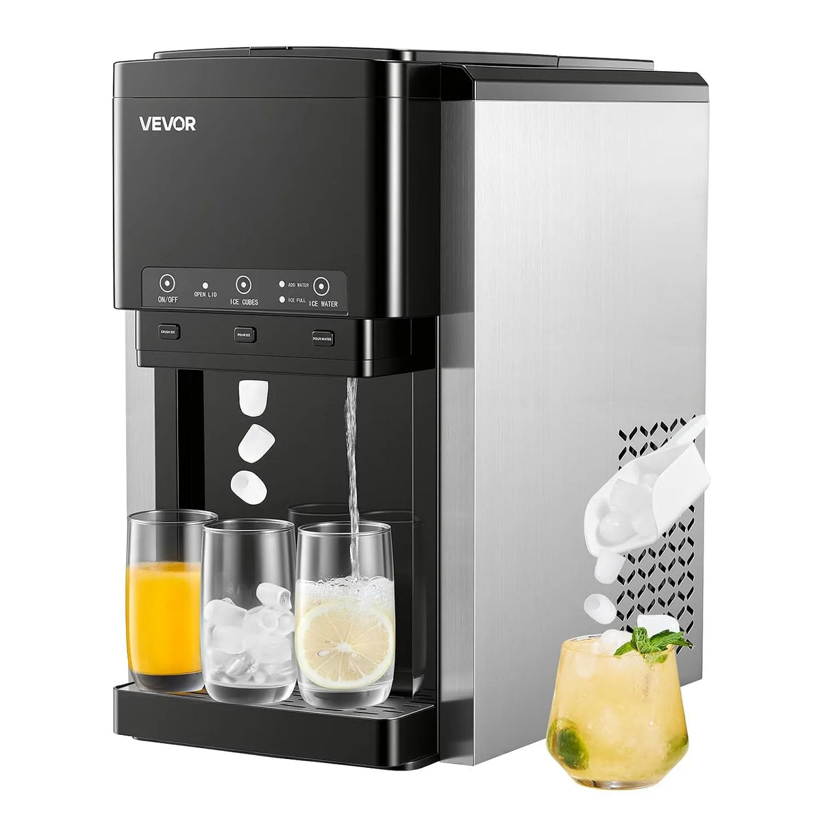 Vevor Wasserspender mit Eiswürfelbereiter 16 kg, 3 in 1 Tischwasserspender, 12 Eiswürfel, 7 Min. Schnellproduktion mit Vorratsbehälter, Tag, Kugeleis