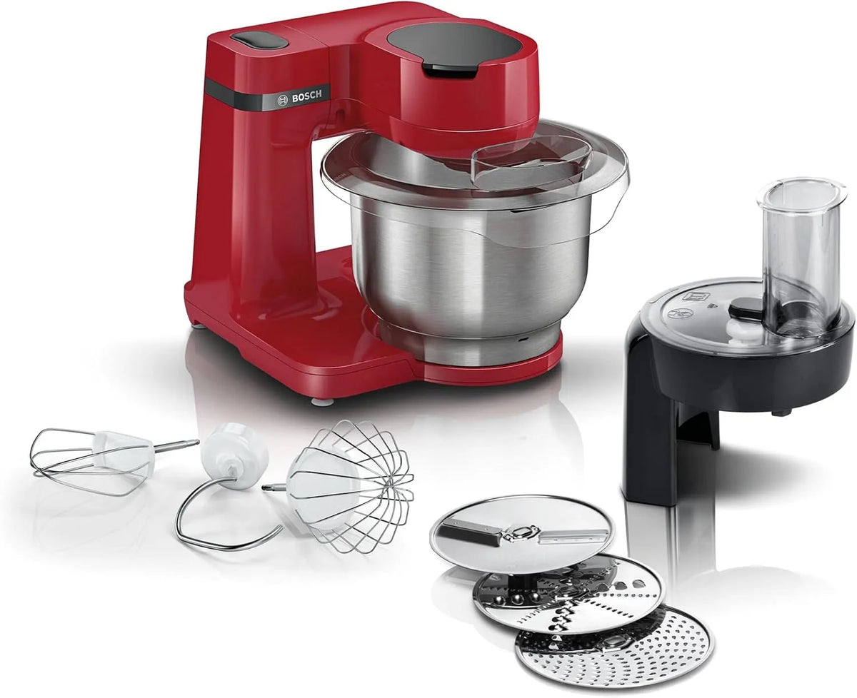 Bosch Küchenmaschine MUMS2ER01, Serie 2, kleine, Edelstahl-Schüssel 3,8 L, Leistung 700 W, 3 Scheiben, Knethaken, Schlag, Rührbesen Edelstahl, rot
