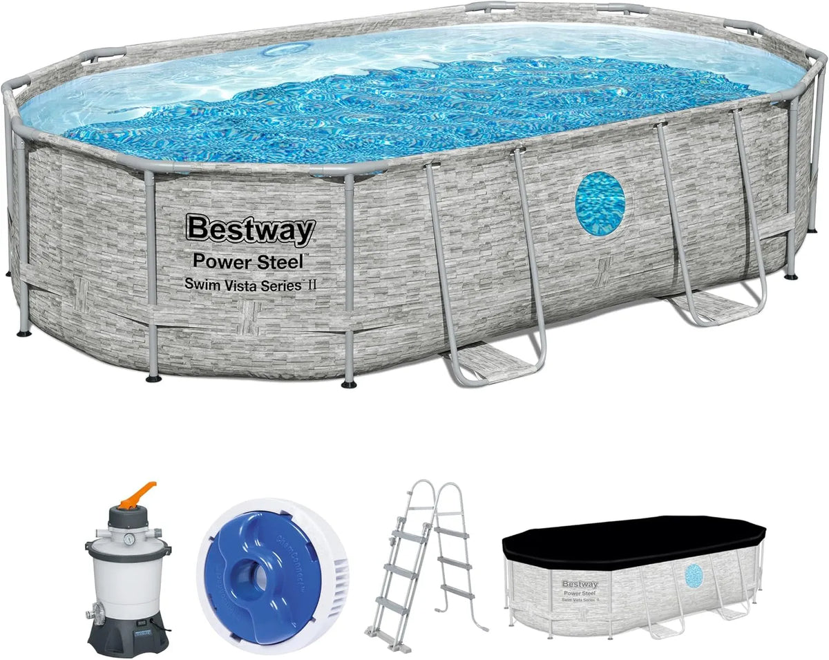 Bestway Pool, Power Steel Swim Vista Series Frame Komplett-Set mit Sandfilteranlage 488 x 305 x 107 cm, Steinwand-Optik, Cremegrau, oval