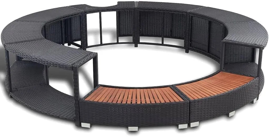 Whirlpool, Hommdiy Umrandung, mit Stauraum Rund Poolumrandung Poolverkleidung für Spa Farbe Grau Poly Rattan Stahlrahmen Eukalyptus-Hartholz