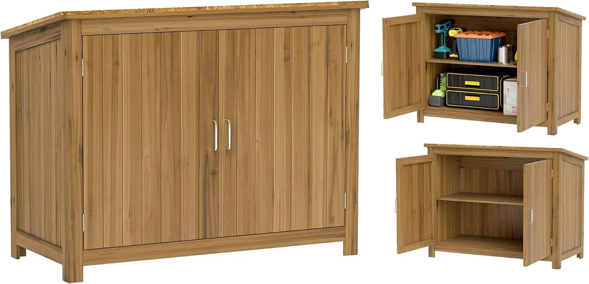 Geräteschuppen Outsunny Braun, Gartenschrank Holz, wetterfest 110x50x85cm Gartenschuppen, Outdoor mit Pultdach, Ablagen, Tür, Gerätehaus