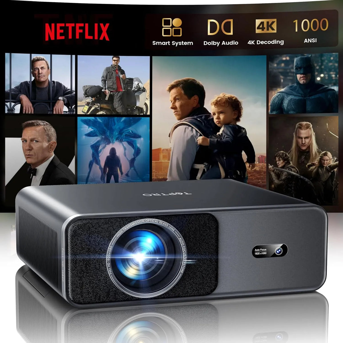 4K Modell 1000 1080P HDR10 Smart Beamer, ANSI Autofokus & 6D Trapezkorrektur, Kompatibel mit Netflix & Dolby Audio