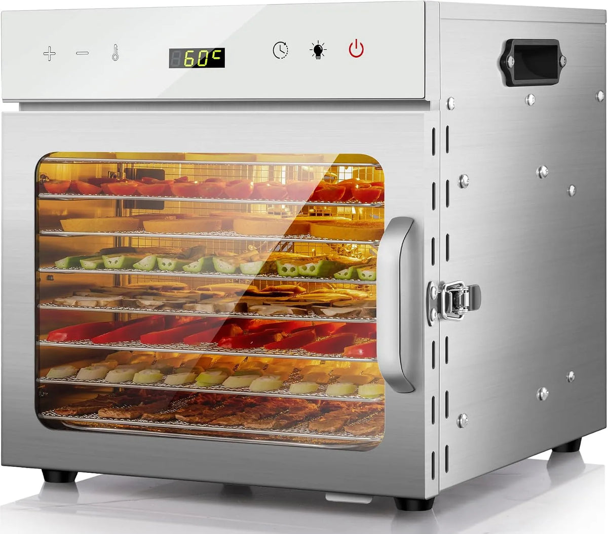 Modell Edelstahl 6er Kwasyo Dörrautomat, max. 24 Stunden, 8 Etagen mit Dörrfolie, 30–90 ℃ Temperatureinstellung, Rezeptbuch, BPA-frei, Fleisch, Obst