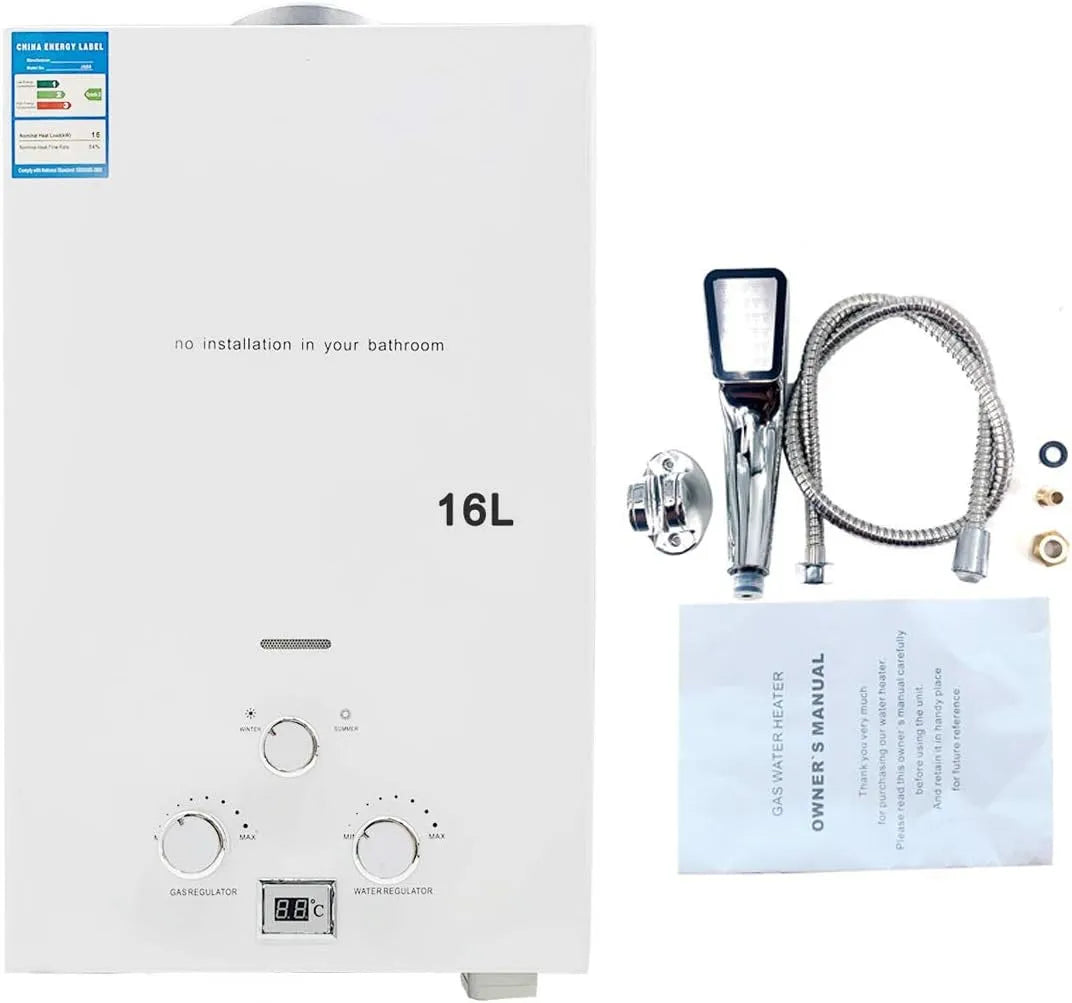 Warmwasserbereiter, Weiß, Tragbarer Gas Durchlauferhitzer 16L 32KW Propangas Campingdusche für Dusche im