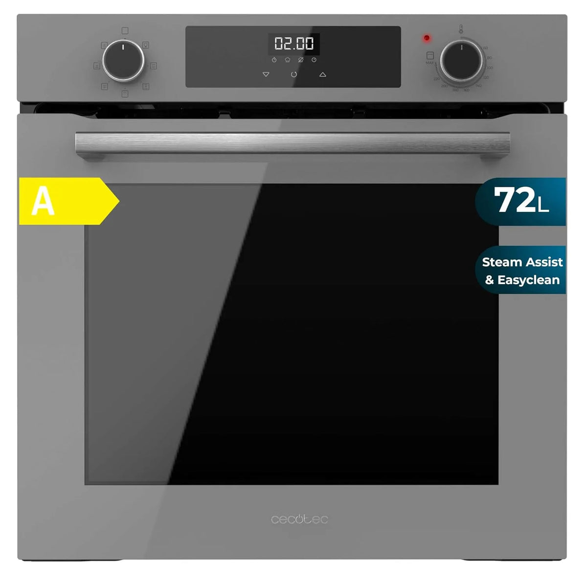 Cecotec Grill M226000, Breite 60 cm, Glass Grey A. 2800 W, Fassungsvermögen 72 l, 7 Funktionen, Steam Base X2, Steam EasyClean, integrierbar, Defrost