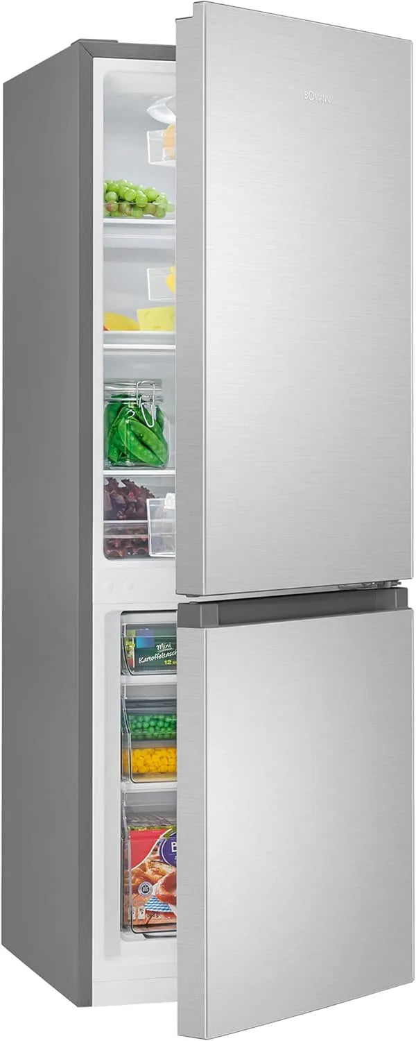 Bomann Kühlschrank KG 320.2, Breite 143cm, Fassungsvermögen 175L Kühlgefrierkombi, Energieklasse E, inox, Kühl Gefrierkombination leise 39 dB