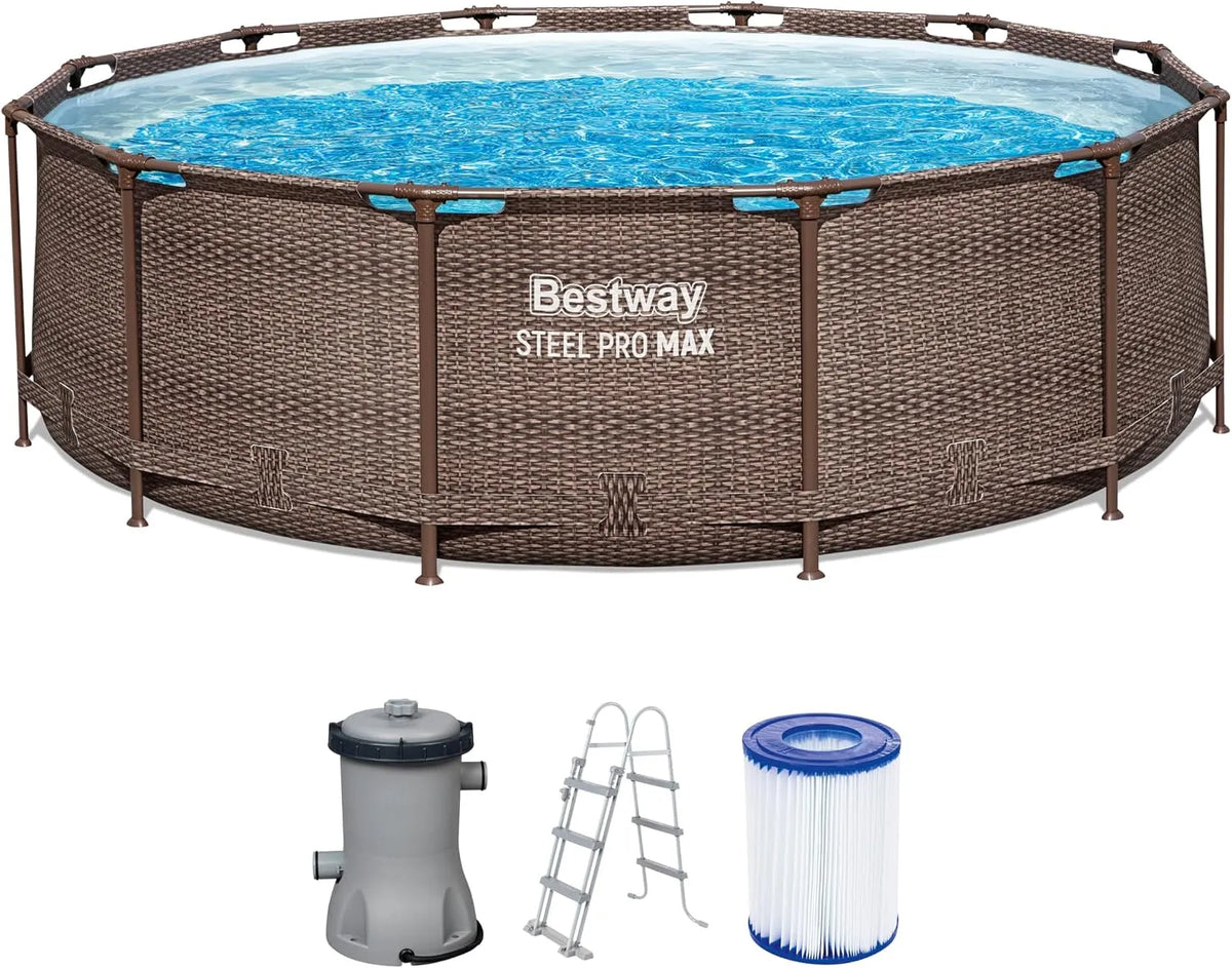 Bestway Pool, Steel Pro MAX Frame -Set mit Filterpumpe Ø 366 x 100 cm, Rattan-Optik, Schokobraun, rund