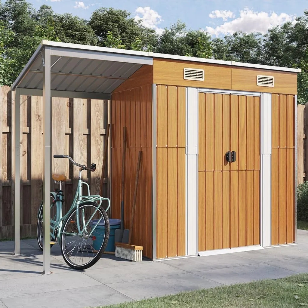 Gerätehaus Festnight, mit Schleppdach Hellbraun Fahrradunterstand Metallschuppen 277x110,5x181 cm Geräteschuppen Gerätehäuser Garten Schuppen