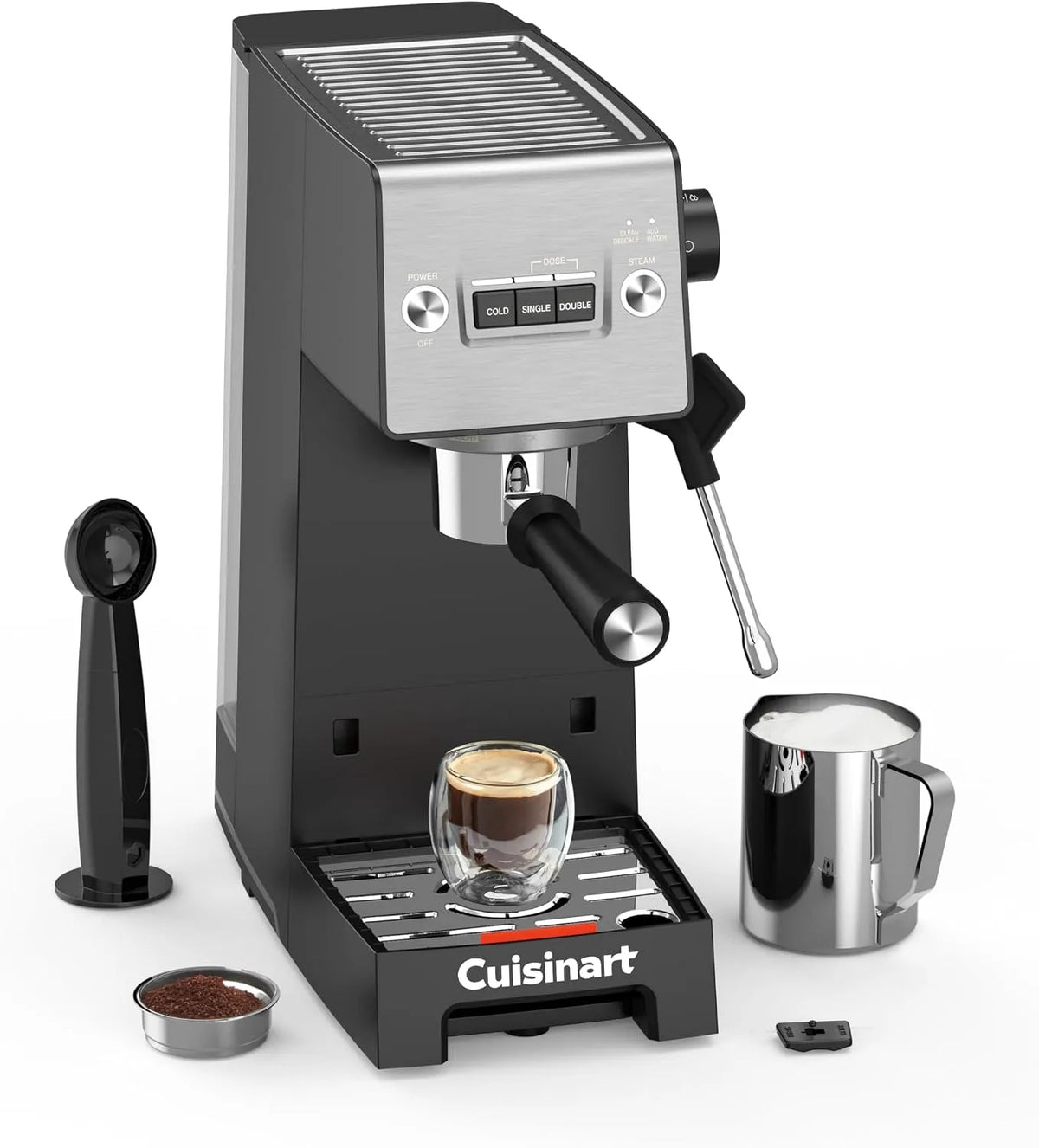 Kaffeemaschine Cuisinart Slim, Fassungsvermögen 1,5L Tank, Americano, Integrierter Milchaufschäumer, kompakt, Edelstahl Slim, 15 Bar, Espresso