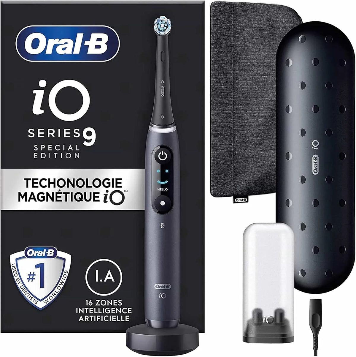 Series 9 Special Edition Oral-B iO, 7 Bürsten-Modi, 1 Reiseetui, 1 Tasche, elektrische Zahnbürste, Bluetooth verbunden, in Schwarz