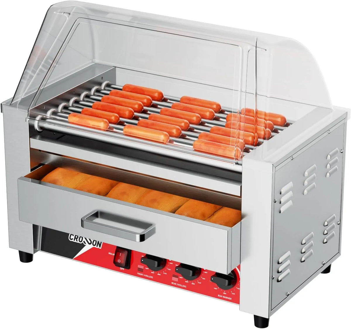 Grill, CROSSON 2 in 1 Profi Hot Dog,7 Rollen Edelstahl Hot Dog Machine Elektrogrill 1350W, mit Brötchenwärmer, Transparentem Deckel