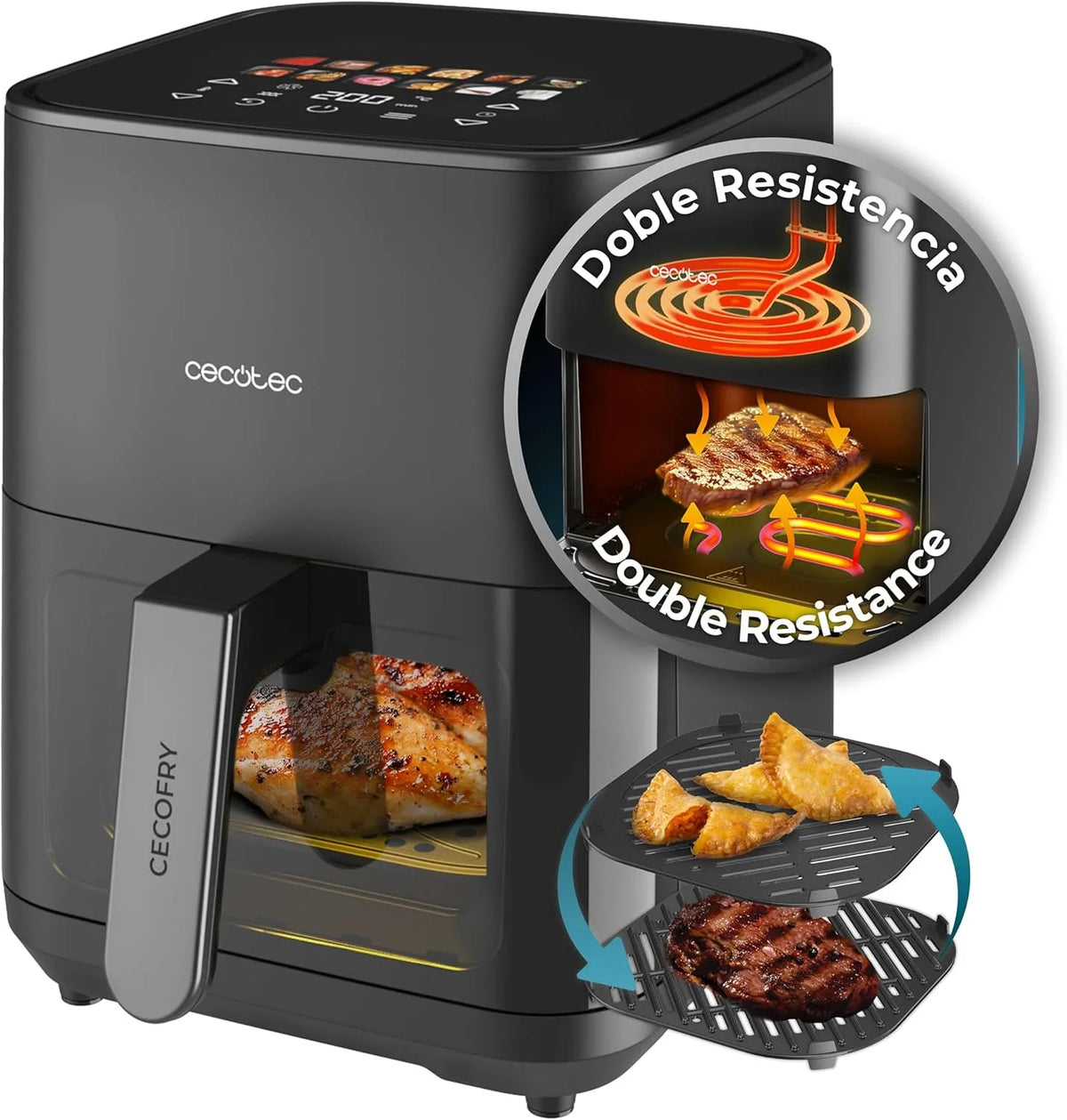 Cecotec Heißluftfritteuse, Air Fryer Cecofry&Grill Duoheat 4000. 1900W, ohne Öl, Fassungsvermögen 4L, 10 Menüs, Temperaturregelung 40-200°C