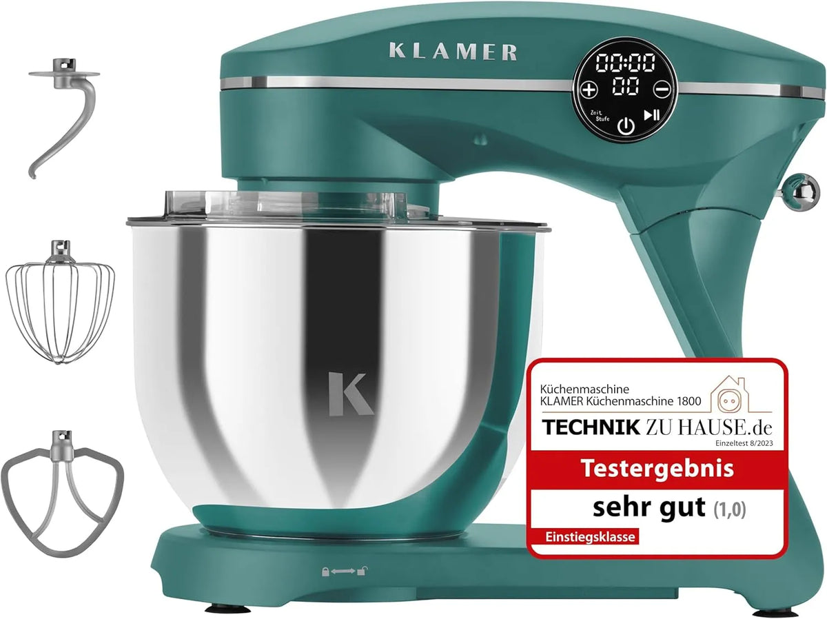 Küchenmaschine KLAMER, Knetmaschine Brotteig mit Edelstahl-Rührschüssel 6 L, Planetenrührwerk, Knethaken, türkis, Leistung 1800W, 10 Stufen mit Timer