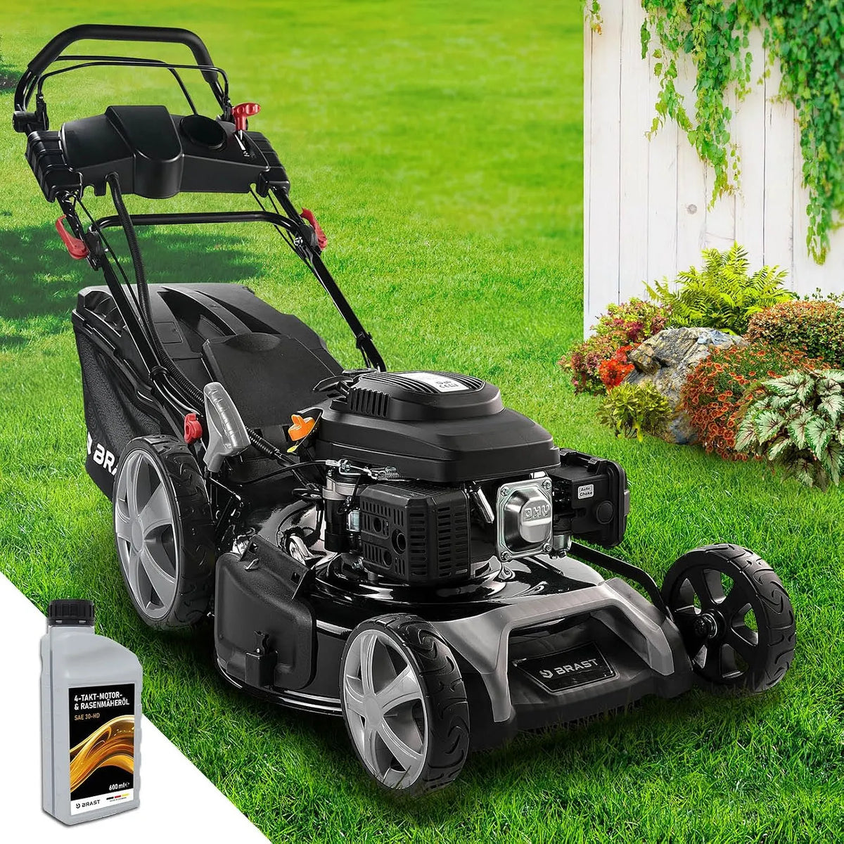 Rasenmäher 7PS 30-80mm BRAST Benzin, Leistung 5,2kW, Fassungsvermögen 60L Fangkorb, TÜV, viele Modelle, Stahlgehäuse, 4 Takt OHV Motor, mit Antrieb