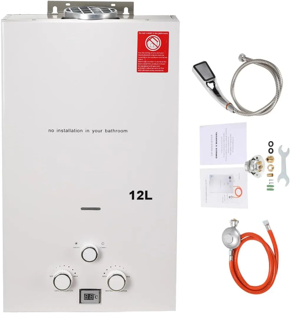 Warmwasserbereiter, Fassungsvermögen 12L 24KW Tragbarer Gas Durchlauferhitzer Propangas Campingdusche, mit Gasdruckminderer