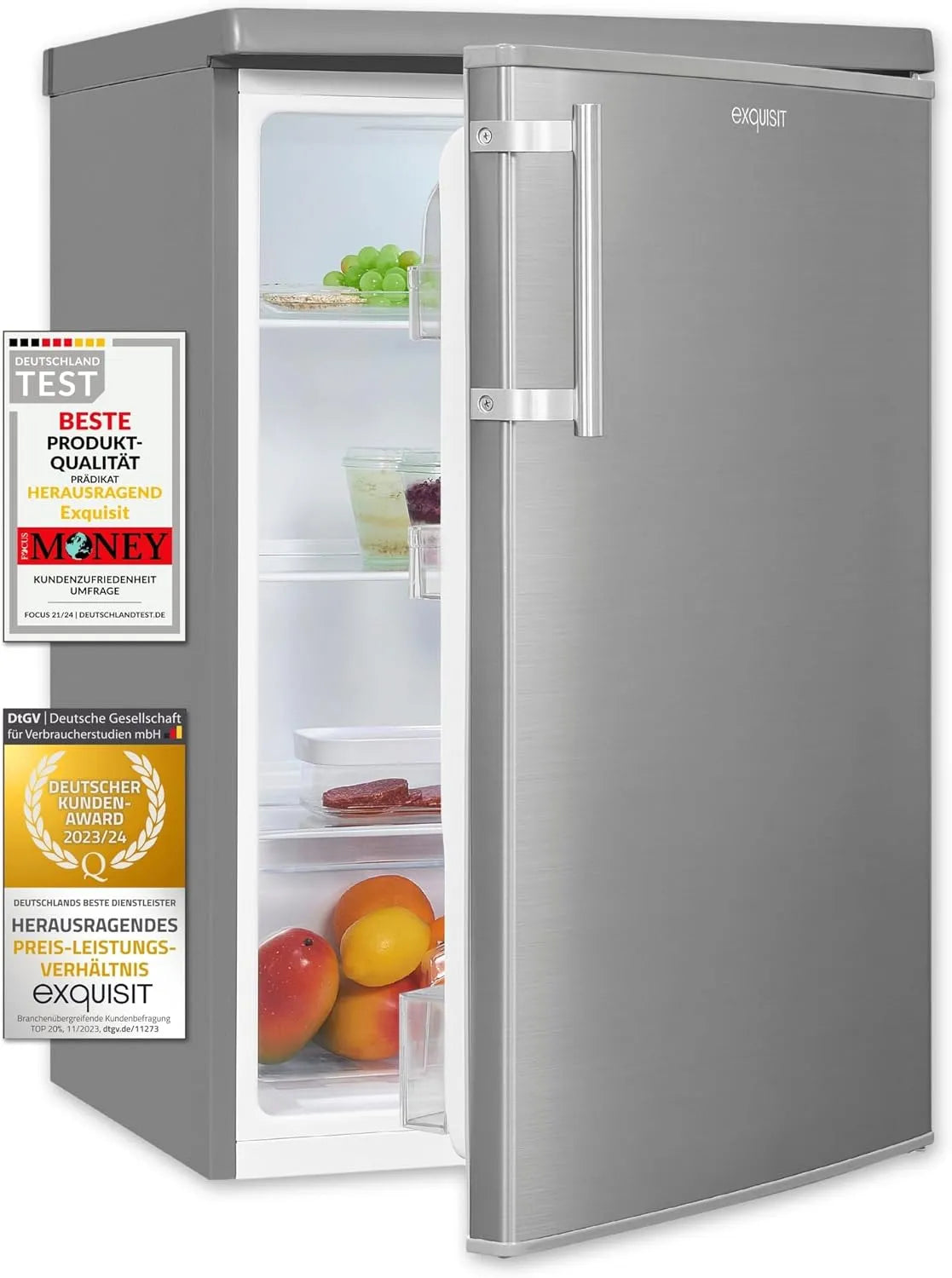 Exquisit Kühlschrank KS16-V-H-040E, inoxlook, Glasablagen und Gemüsefach, Türablagen, Fassungsvermögen 127 l Volumen, Standgerät, Beleuchtung