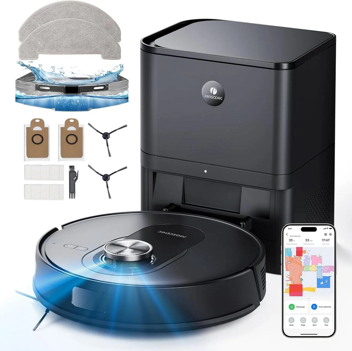 Saugroboter 200min, 6000Pa Staubsauger Roboter mit Absaugstation 3L Staubbeutel, Proscenic Q8 Max mit Wischfunktion