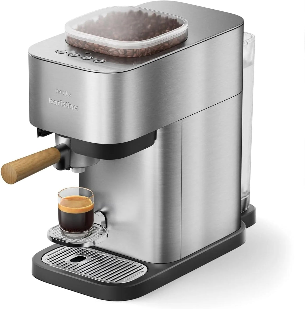 Philips Espressomaschine BAR500/00, Baristina Plus, Tampen & Brühen, Café Crema, Edelstahl mit Holz-Siebträger, 16 Bar, Automatisches Mahlen