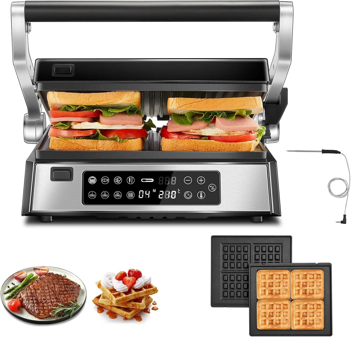 FOHERE Grill, 4 in 1 SandwichMaker, Waffeleisen 2200W mit 4 Antihaftbeschichteten abnehmbaren Platten, 8 Betriebsprogramme, LED-Anzeige