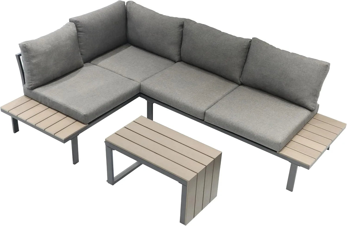 Tisch, 3-TLG. Outdoor Sitzgruppe mit 2 Sofas, Koll Living Lounge Set Calea, Modulares Gartenmöbel Set in Holzoptik, & Kissen