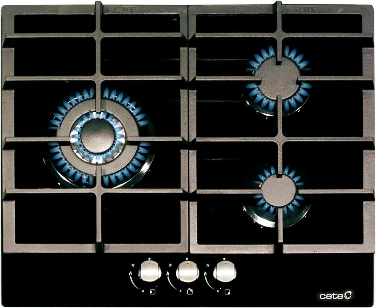 Kochfeld LCIB 6021 BK, Gesamtleistung 6,25kW., Glas-Gaskochfeld. 3 Brenner. 1 Dreifach-Krone. Elektronische Zündung.