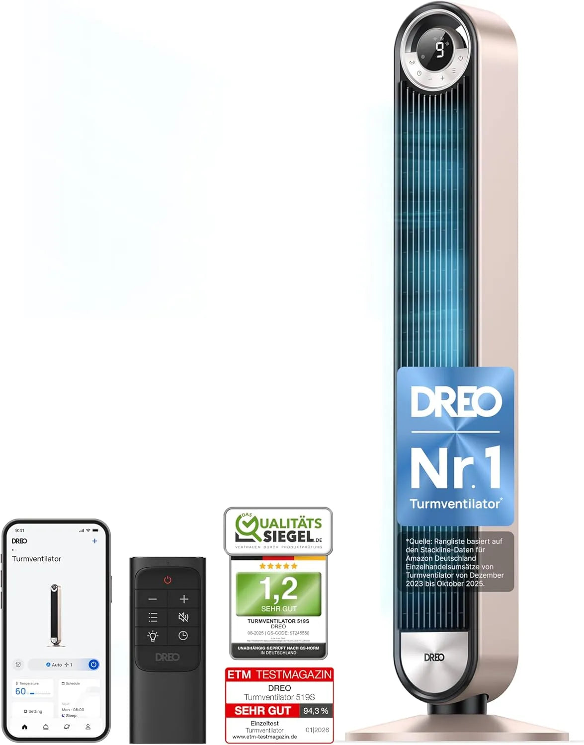 Ventilator 90grad, 106cm WiFi Alexa Tower Fan, Dreo 25dB Smart Leiser Turmventilator mit Kühlung, Sternenlicht, oszillierender