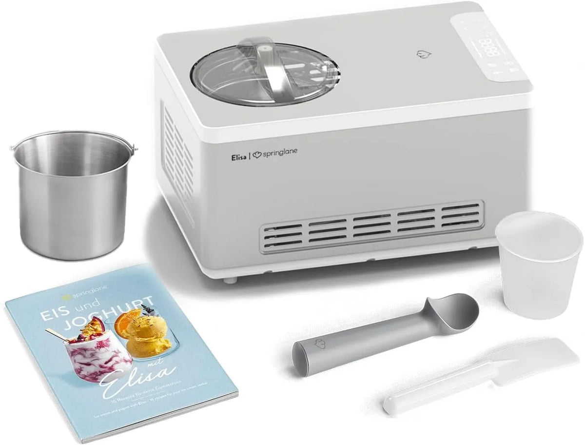 Eismaschine SPRINGLANE, + Zusatzbehälter Edelstahl, & Joghurtbereiter Elisa 2,0 L mit selbstkühlendem Kompressor 220 W, Elisa Silber