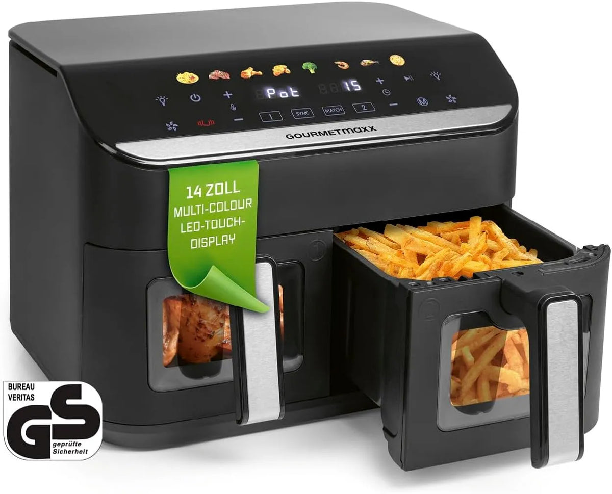 Heißluftfritteuse GOURMETmaxx AirGenius, für max. 8 Personen, Fassungsvermögen 9 L, 2 x 4,5 L Airfryer, Fritteuse mit 8 Programmen, 2 Kammern