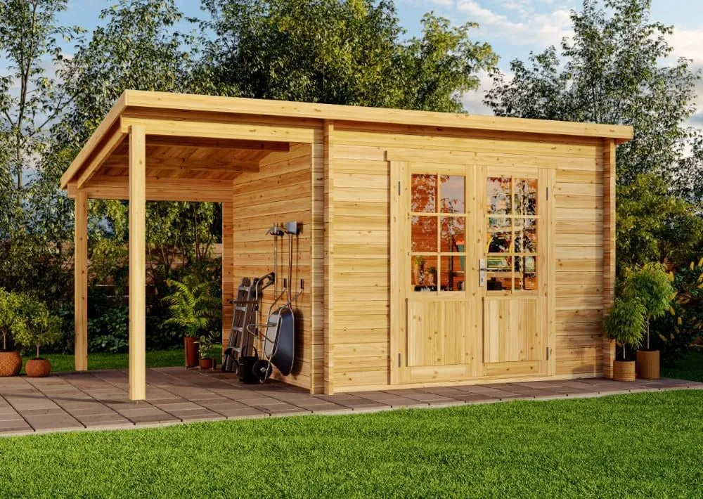 Gartenhaus, Maria mit Schleppdach aus Holz 450 x 272 cm mit 28 mm Wandstärke und Imprägnierung Pinie