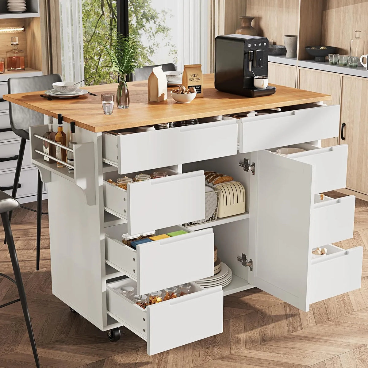 Kücheninsel, Servierwagen mit Gewürzregal und 8 Schubladen, Moderne Küchenschrank, Ausziehbarer Küchenwagen mit Rollen und Arbeitsplatte, Weiß