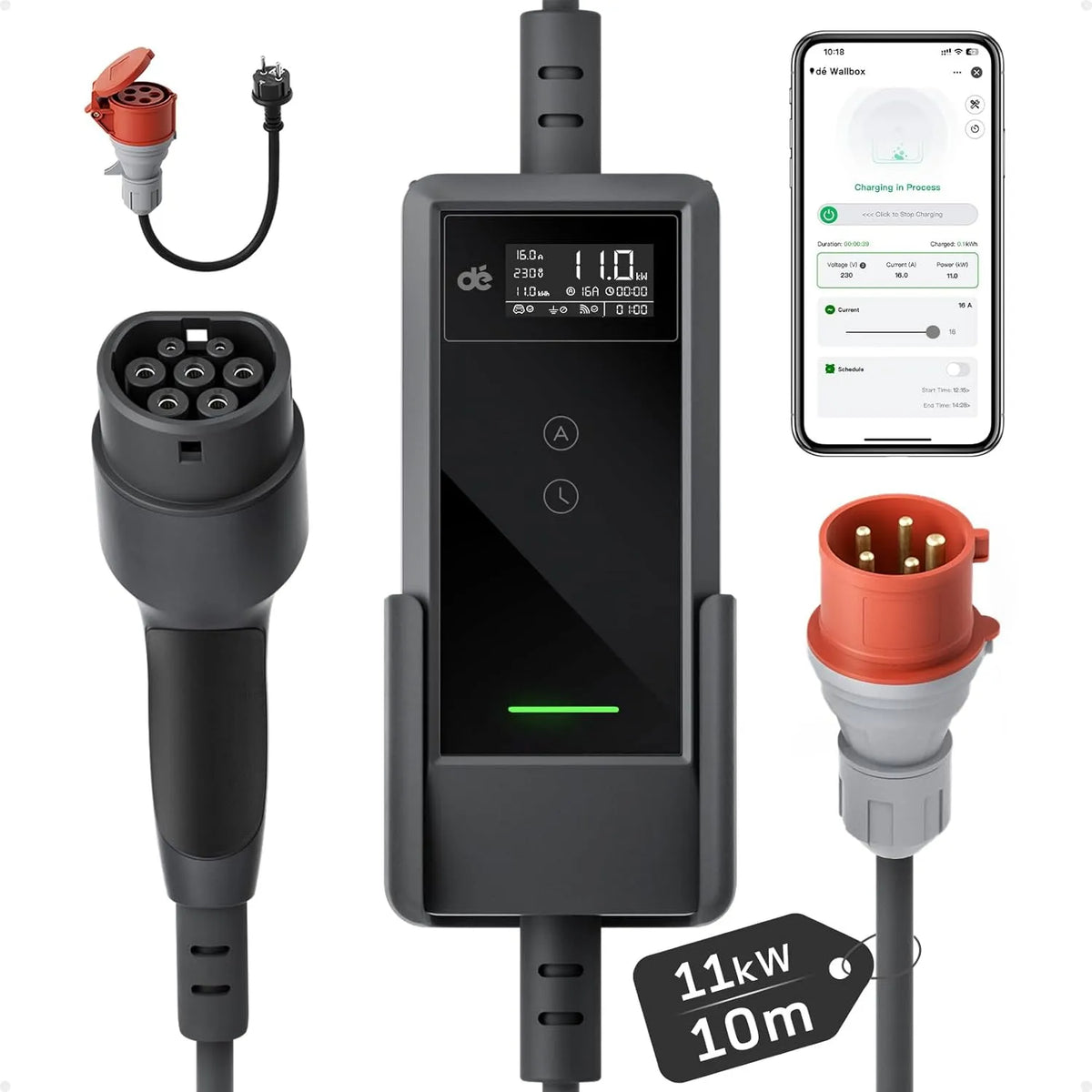 Modell Wallbox mit APP CEE-16A IX1 dé Mobile, 10m, 6–16 A, EV-Charger für ID.3/4/5/7, Model 3, PHEV, 3-phasig, Y und andere BEV