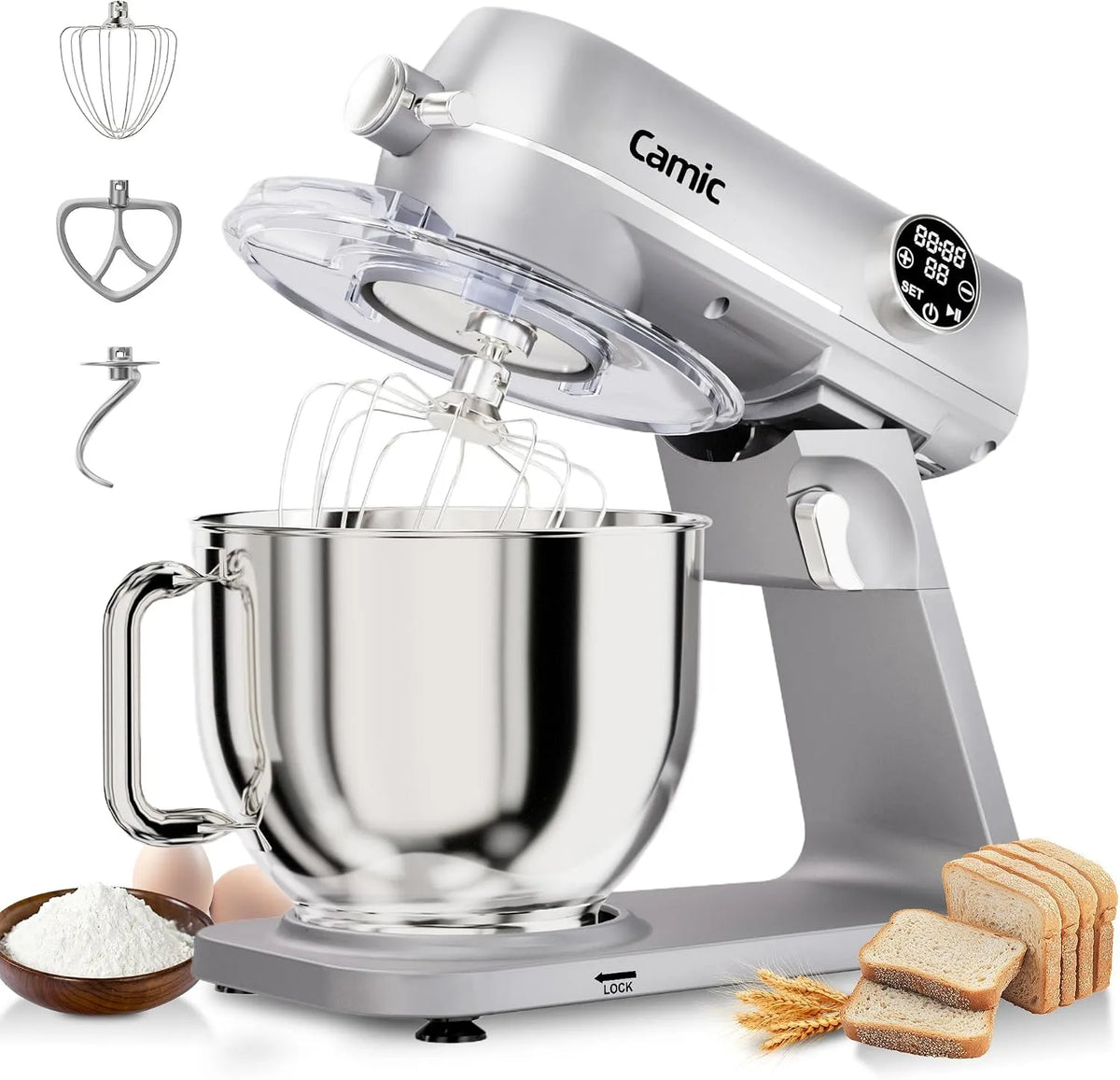 Küchenmaschine Camic, Leistung 1800W, Knetmaschine aus Vollmetall mit 10 Stufen, digitaler Touchscreen, Timer, Teigmaschine mit Schneebesen
