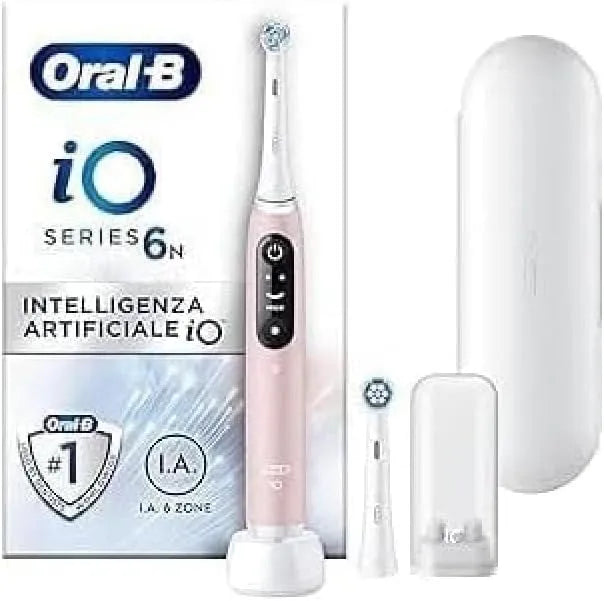 Series 6N Elektrische Zahnbürste Oral-B iO, 5 Putzmodi, 2 Bürsten, 1 Reisetasche, Bluetooth, Weiß, Rosa