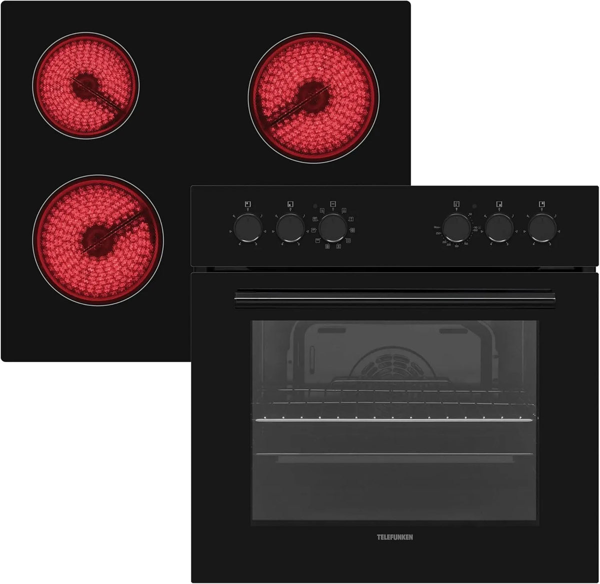 Telefunken Kochfeld ECH65A-B2, Breite 60 cm, Fassungsvermögen 65 Liter, Elektro-Herd -Kombination, Backofen mit Grill und Umluft, Einbauherd-Set