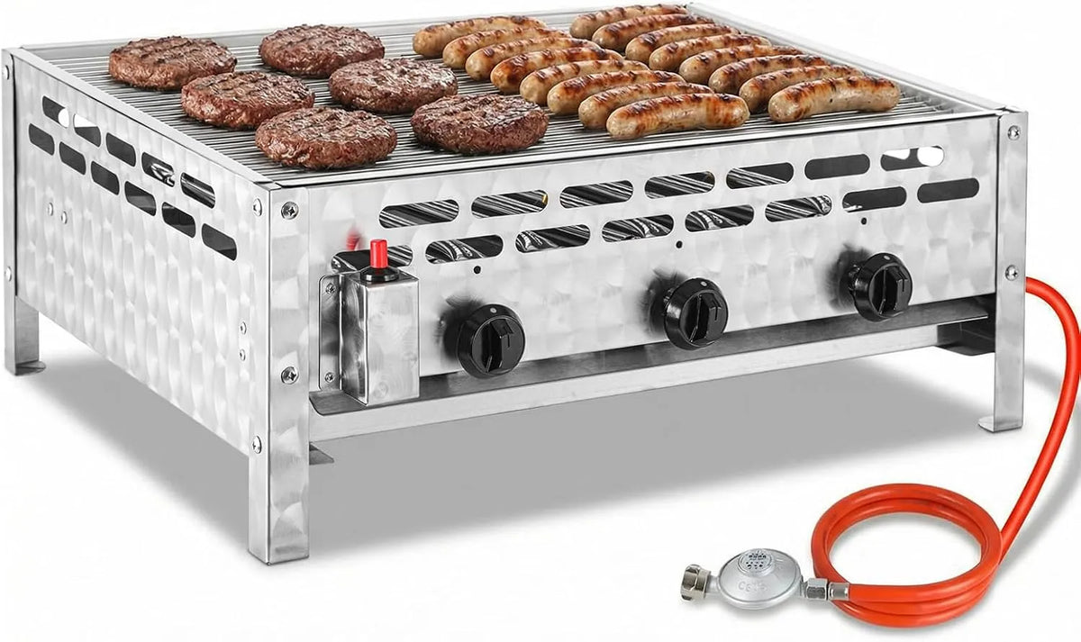Gasgrill, 59.5x48 cm Grillfläche, Profi, Tischgasgrill für Gastronomie, Garten, TLSUNNY Edelstahl Gasbräter 3-flammig 12 kW, 4 PCS Füße, Outdoor