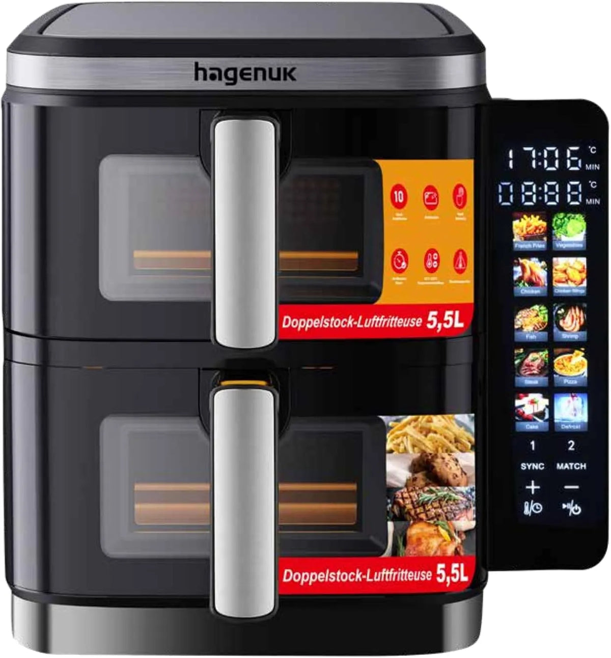 Heißluftfritteuse DAF 2800.12 Premium Doppel, 10 Programmen, Sync-Match-Funktion, Touchdisplay, Doppel 2×5,5L mit Sichtfenster, Leistung 2800W