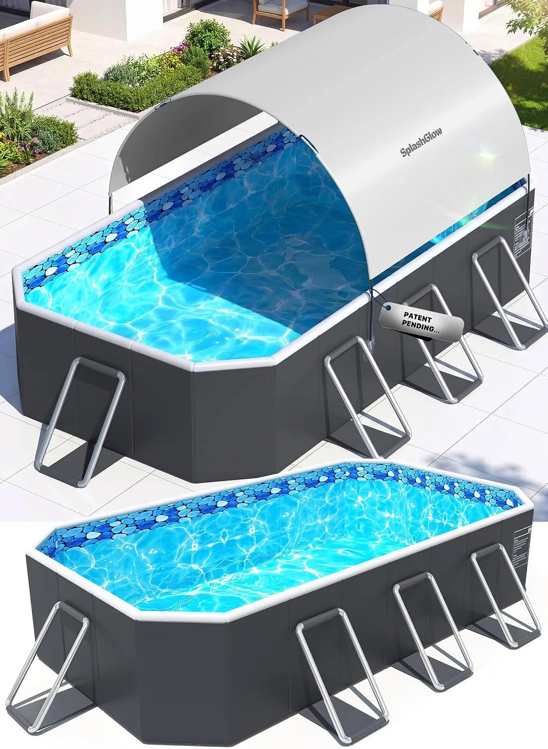 Pool Faltbarer, 228,6 x 127 x, mit Baldachin, nicht aufblasbarer, großer für Erwachsene, tragbarer, großer mit Schatten, Hartplastikpool für Hinterhof