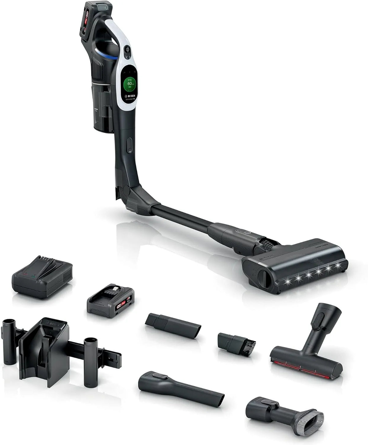Bosch Akku-Staubsauger BTS1042WAC, 10 J. Motor, kabellos, TFT-Display, HEPA-Filtersystem, Schnellladegerät, Unlimited 10, 4 Ah Akku, LED-Licht