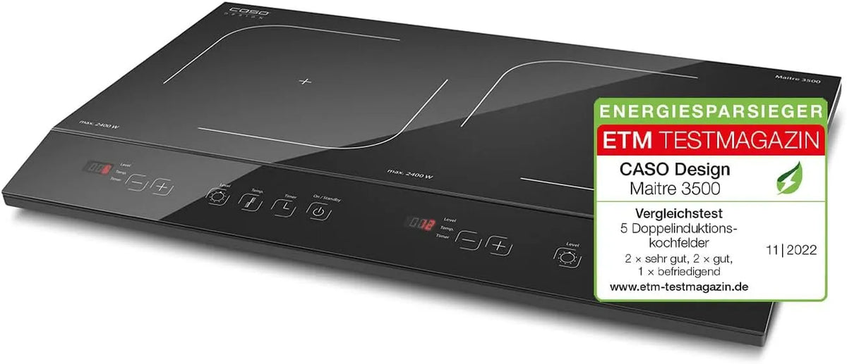 Caso Maitre, Doppel-Induktionskochplatte mobil 3500, 3500 W, SmartControl 12 Stufen, 60-240°C, 180 Min. Timer, 26cm Fläche, W PowerSharing