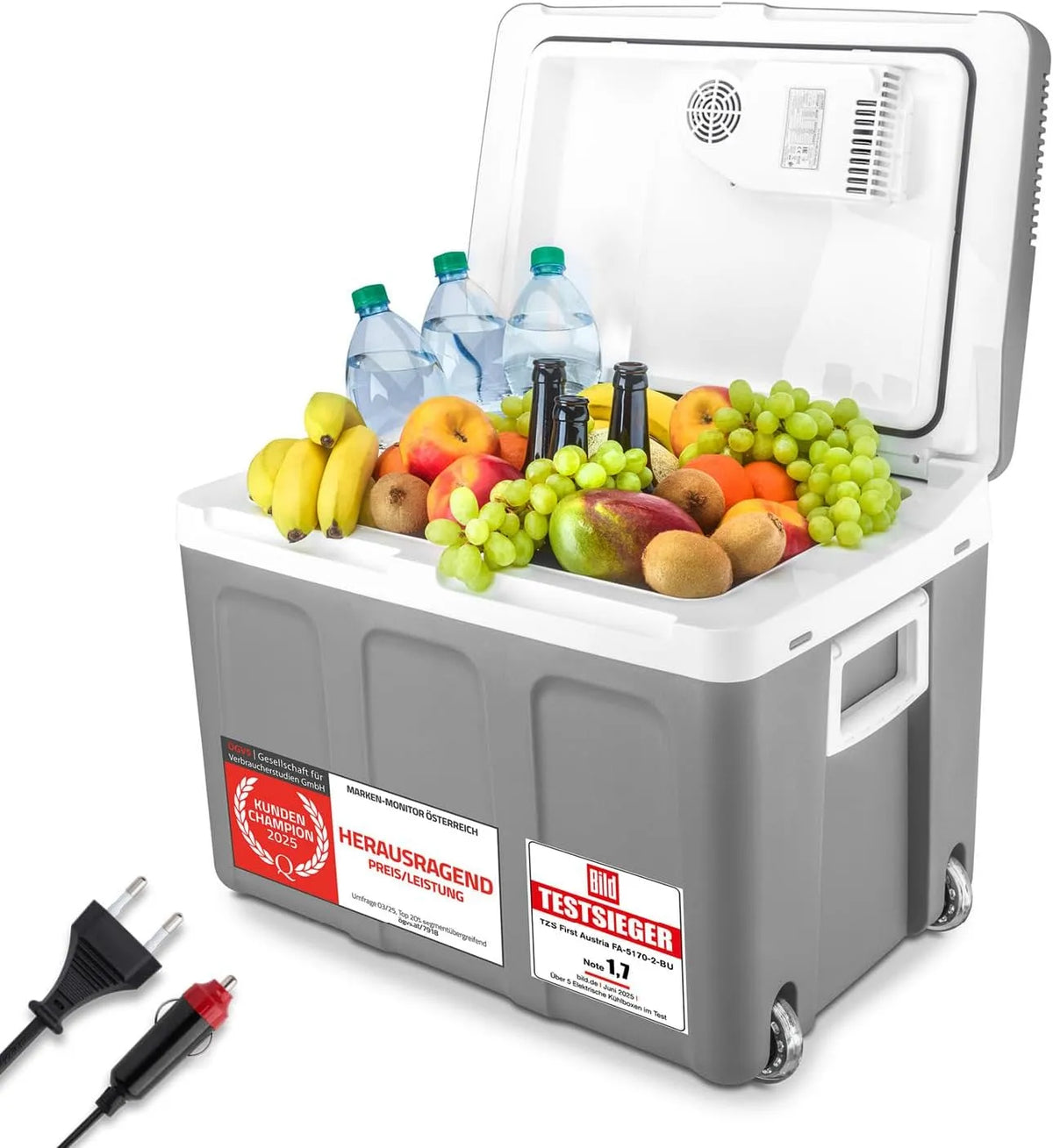 Kühlbox TZS First Austria, Mini Kühlschrank mit Rollen, Fassungsvermögen 45L elektrisch 12V 230V Anschluss für Auto & Steckdose, Für Camping, Reisen