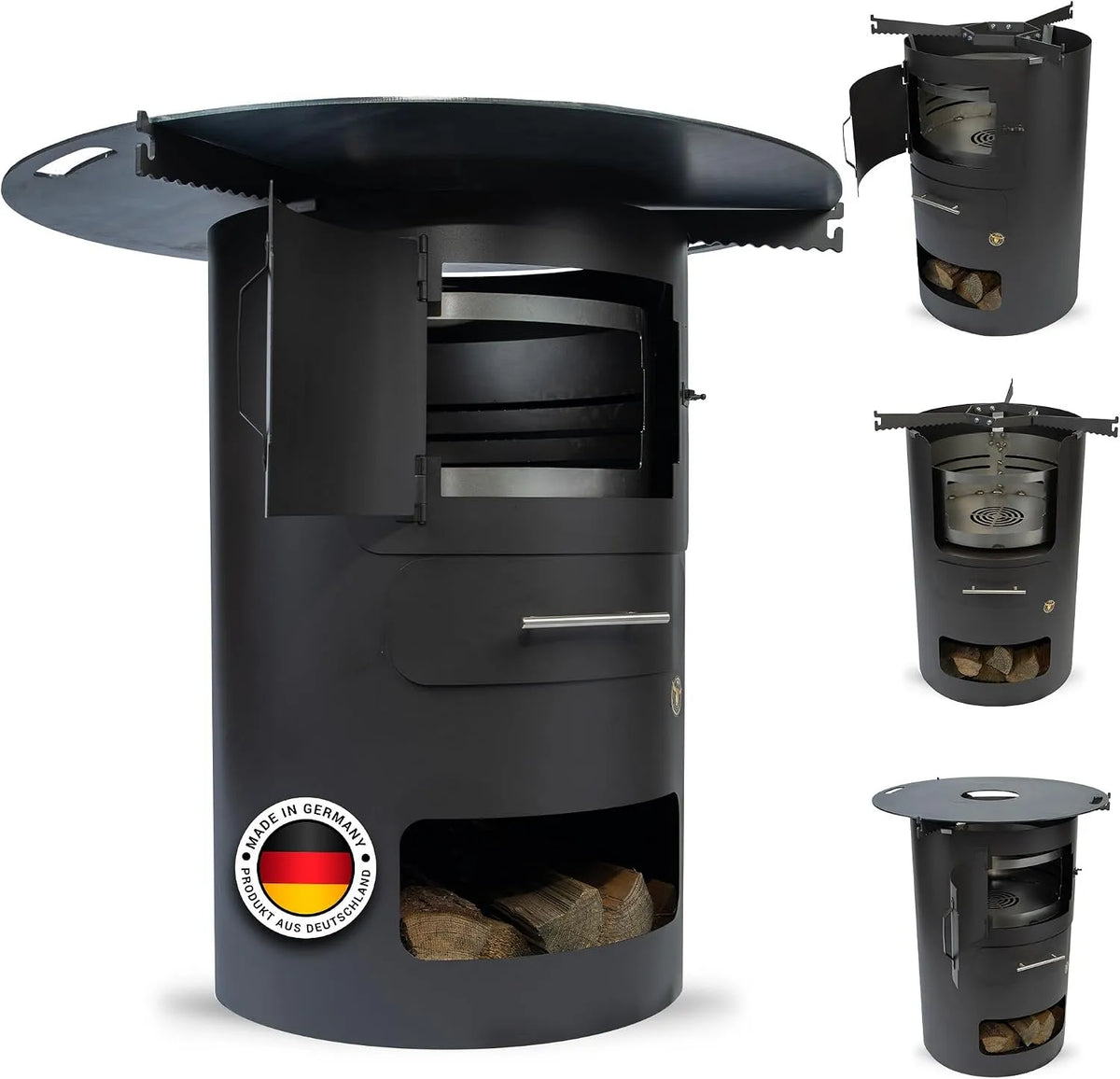 Grill 1371, Multifunktionstonne mit 80cm Feuerplatte in 5mm Stärke, Hitzebeständig bis 700 Grad, Komplettset, Feuerkorb & Zubehör