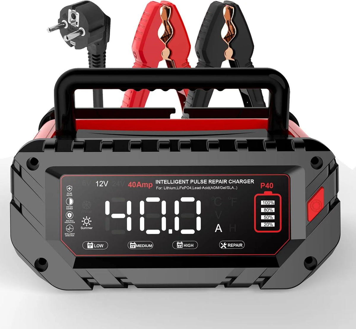 Modell 40A, 40A 6V LiFePO4, Spannung 12V, Spannung 24V Autobatterieladegerät-Haisito Intelligentes Ladegerät mit LCD-Display, Spannung 6V, Lithium