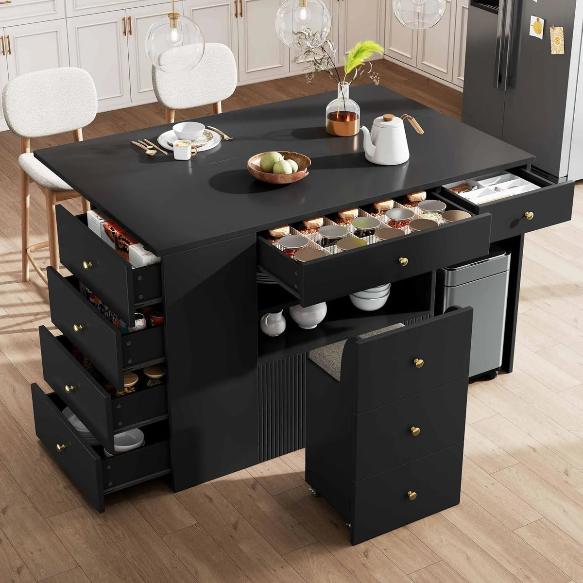 Kücheninsel, Küchenschrank mit 6 Schubladen & Hockern, Breite verstellbar 140 * 40, 70, *89cm, Anrichte mit Barhockern, in Schwarz