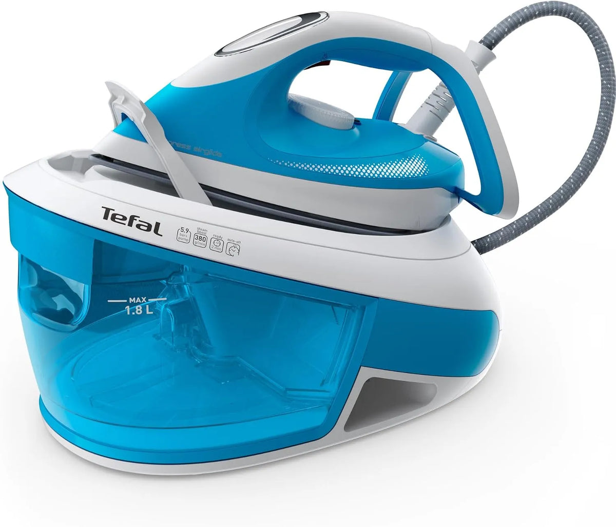 Tefal Modell, 5,9 Bar Pumpendruck SV8002, 2800 Watt, Dampfstoß: 380 g, Durilium Airglide Bügelsohle, Vertikaldampf, blau, Min., weiß