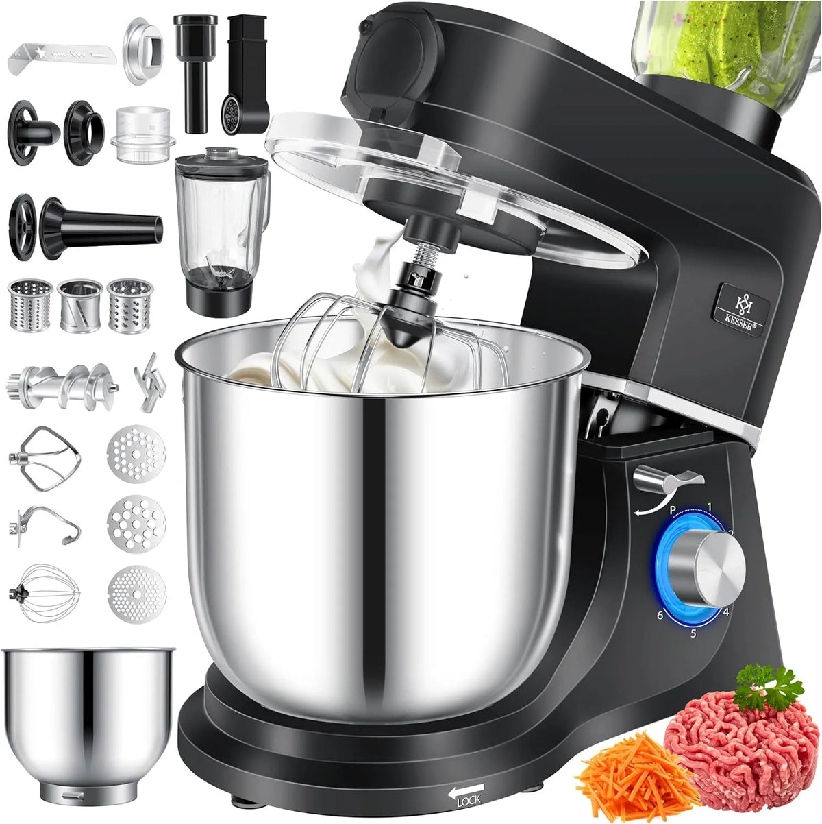 Kesser Küchenmaschine K-KM 3000, mit 3 Rührwerkzeuge, Fassungsvermögen 1,5L Entsafter, Pasta & Gebäckformen, 3 in 1 Universal, Zubehör-Set