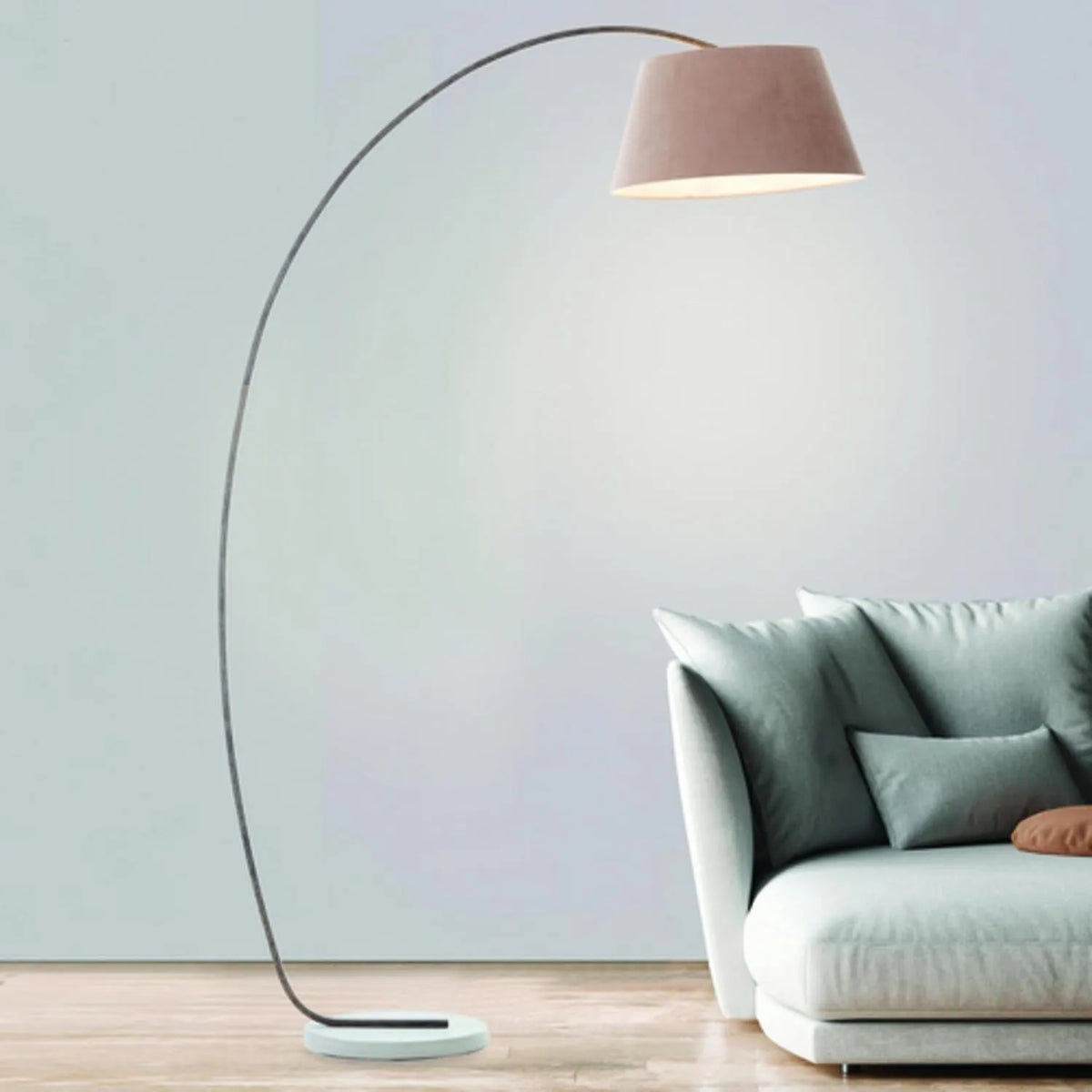 Modell mit Samtschirm E27 Lightbox Bogenlampe, Stehlampe für Wohnzimmer, Standleuchte in Taupe, exkl. LED, Schlafzimmer & Esszimmer
