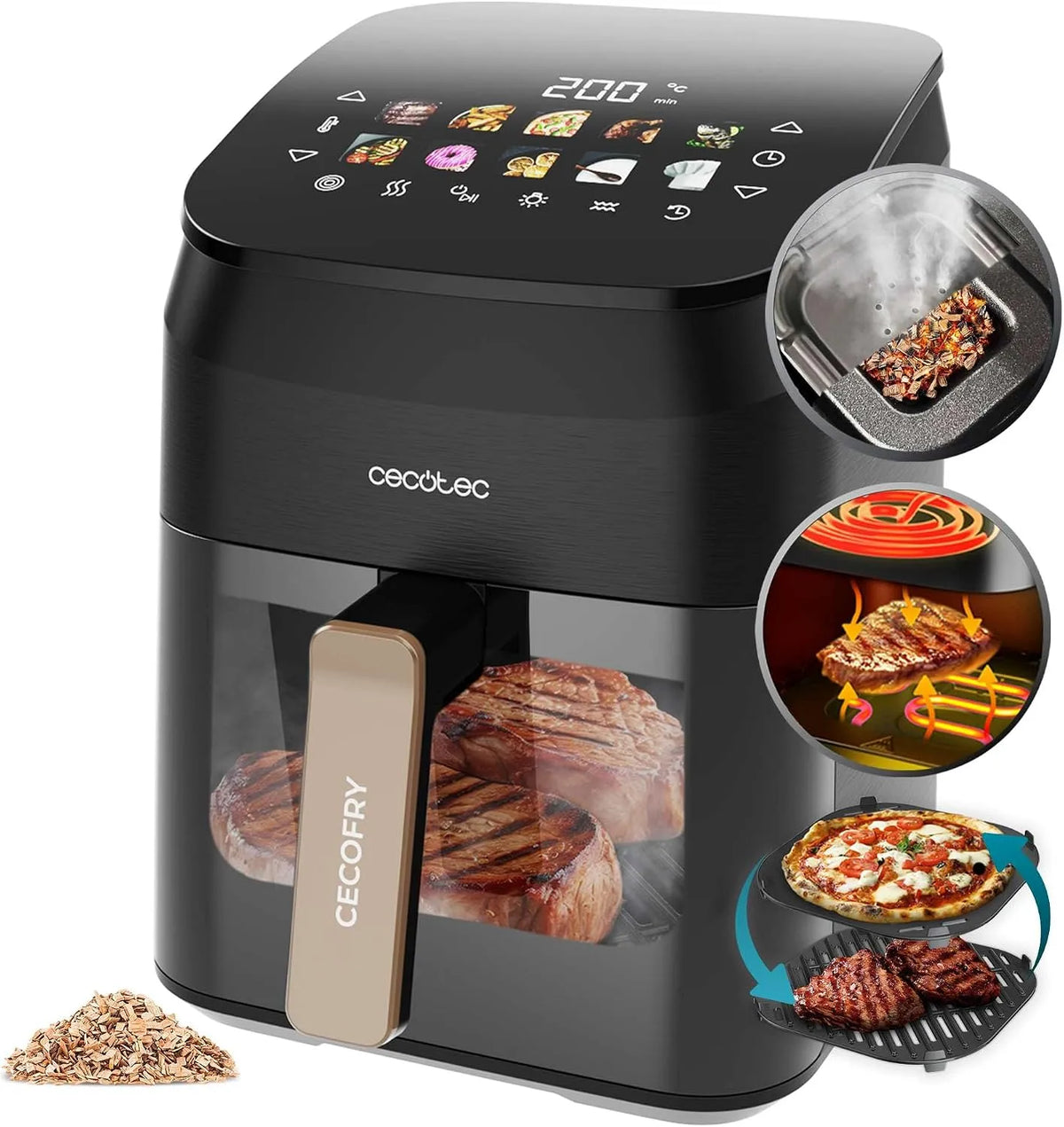 Cecotec Heißluftfritteuse, Air Fryer Cecofry&Grill Smokin' 4500. 1900W, ohne Öl, Fassungsvermögen 4,5L, 10 Menüs, Temperaturregelung 40-200°C